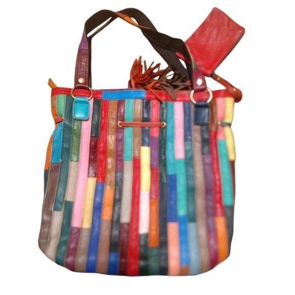 Ameri Leather Multi-Colored Leather Patchwork Tote Bag With Red Accent Pouch & T - Picture 7 of 9